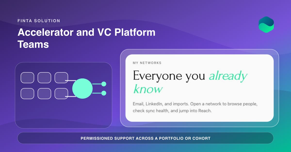 A portfolio hub in Finta connecting several company fundraising lanes to mentors and investors through permission gates.