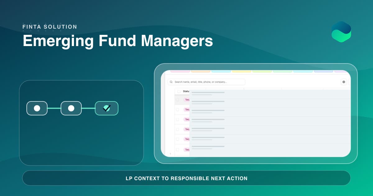 An LP fundraising pipeline in Finta connected to meeting, diligence, document, and follow-up signals around a review checkpoint.