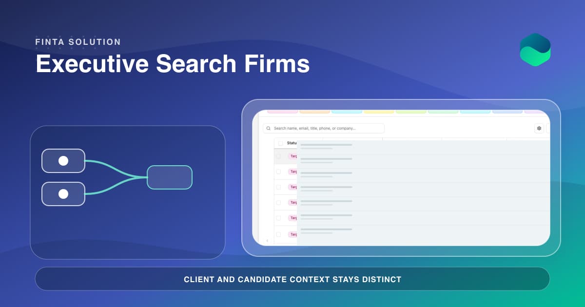 Client, candidate, and referrer paths surrounding a privacy-safe Finta relationship record with a human review gate.