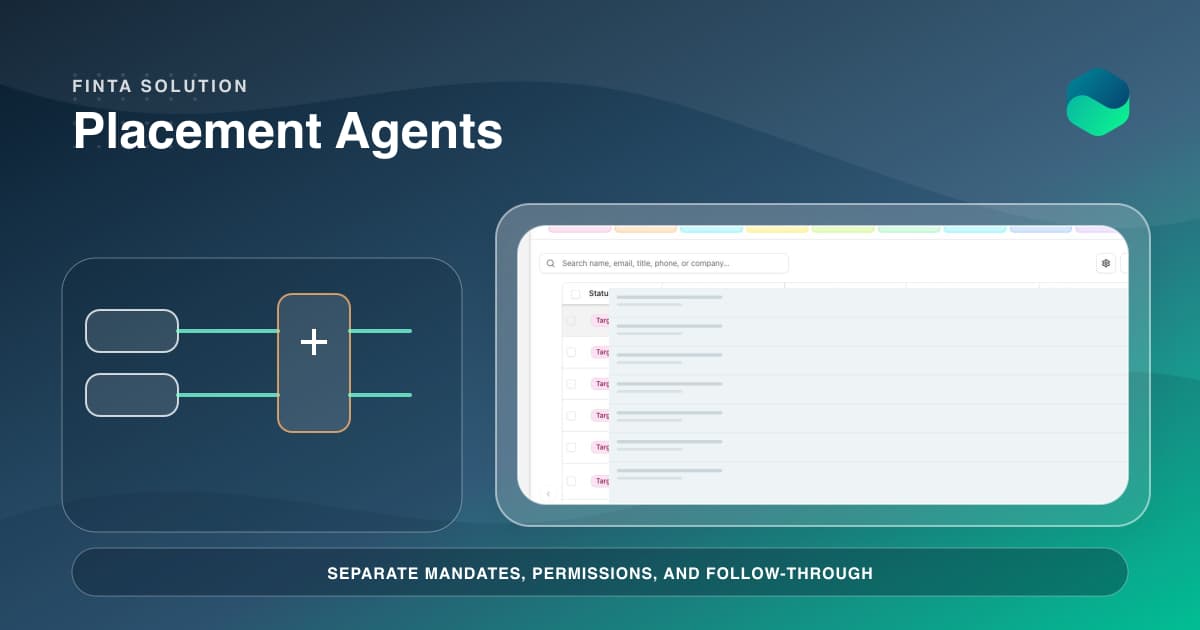 A Finta relationship workspace separating three client mandates with LP context and explicit permission and approval boundaries.