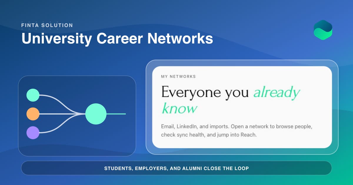Employer, alumni, faculty, and program relationship paths around a privacy-safe Finta network with a student-data boundary.