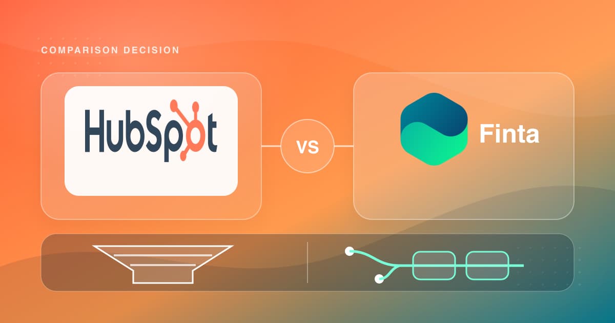 HubSpot and Finta shown across a decision boundary for comparing sales CRM and fundraising workflows.