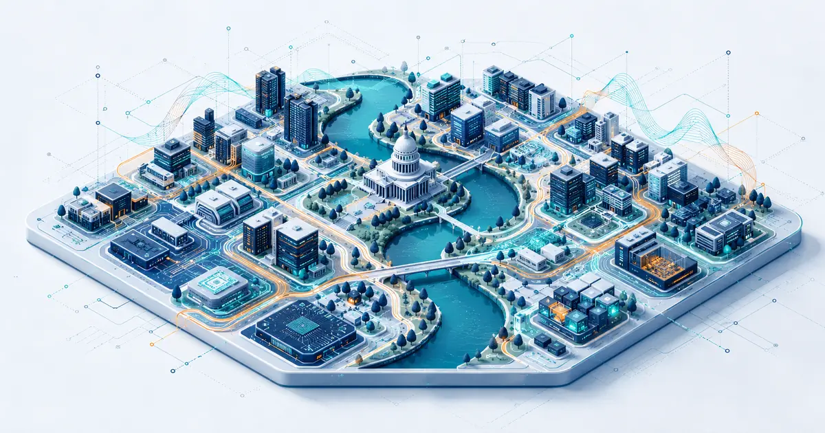 Isometric Austin startup map with a river, civic dome, semiconductor circuits, music waves, and capital routes.