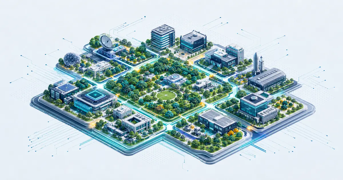 Isometric Bengaluru technology campus surrounded by garden-city greenery, deep-tech clusters, and circuit-like routes.