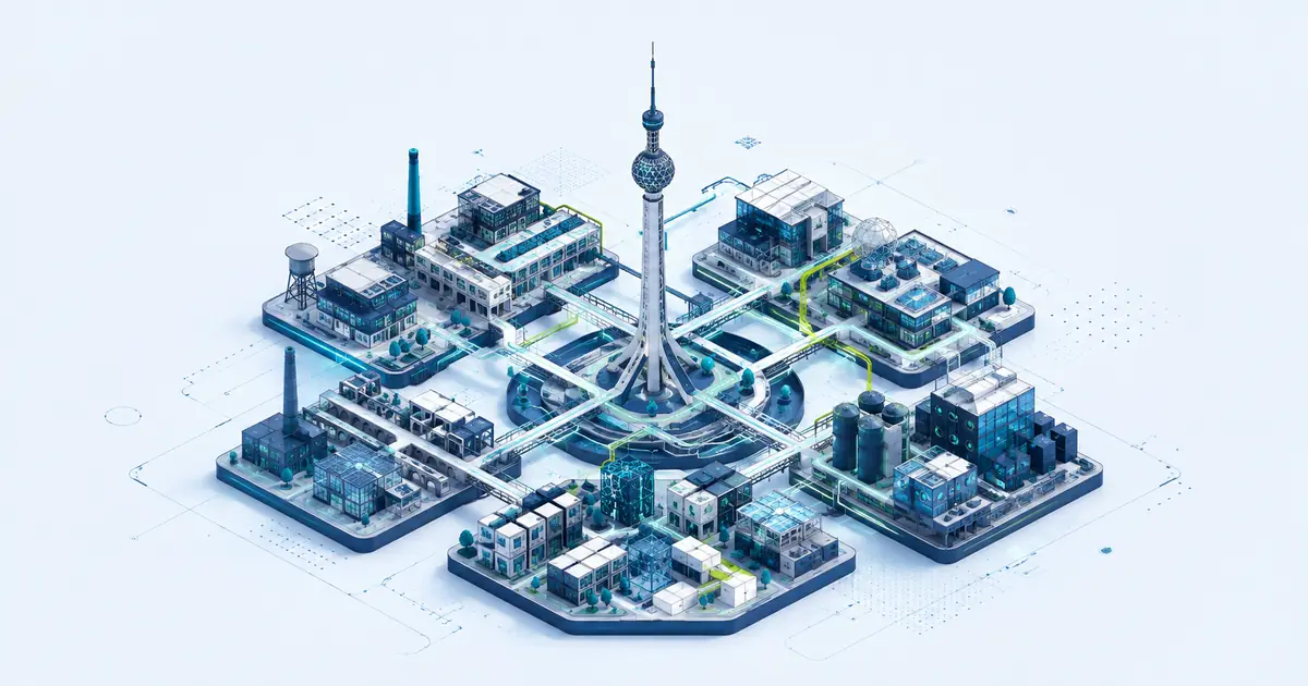 Isometric Berlin startup ecosystem with industrial lofts, creative studios, deep-tech labs, and connected pathways.