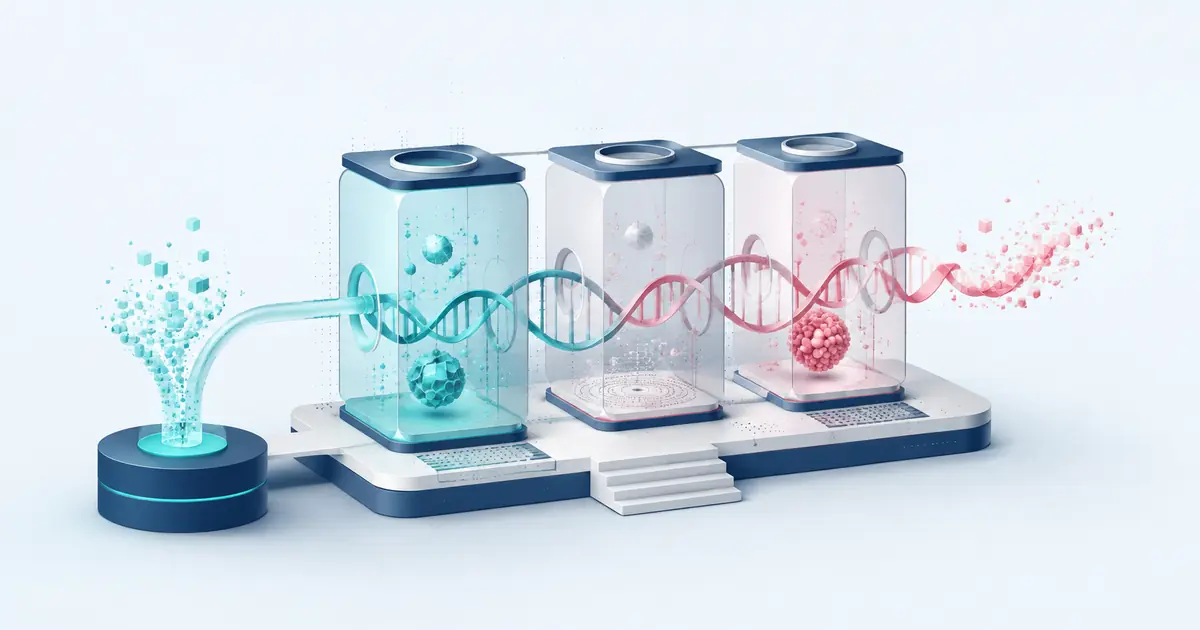 Isometric biotechnology incubator carrying a double helix through three discovery and development chambers.