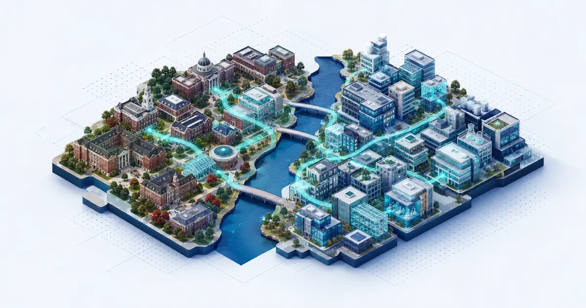 Isometric Boston startup map linking brick academic campuses across a river to biotech and software clusters.