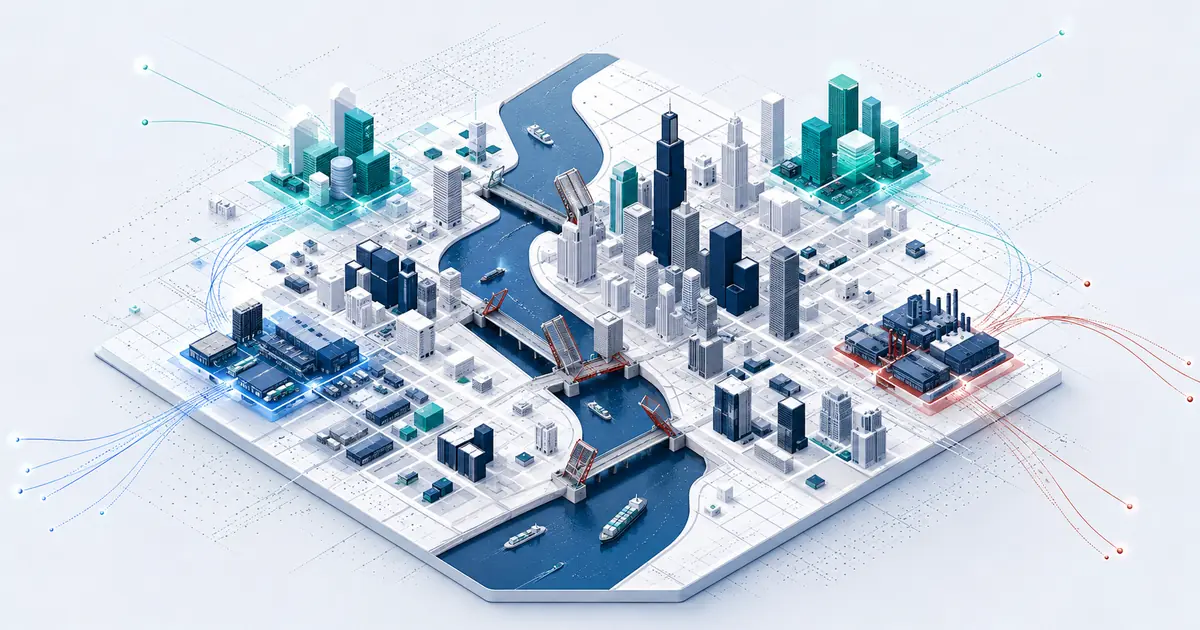Isometric Chicago startup map with a river, movable bridges, an architectural grid, and outward capital routes.