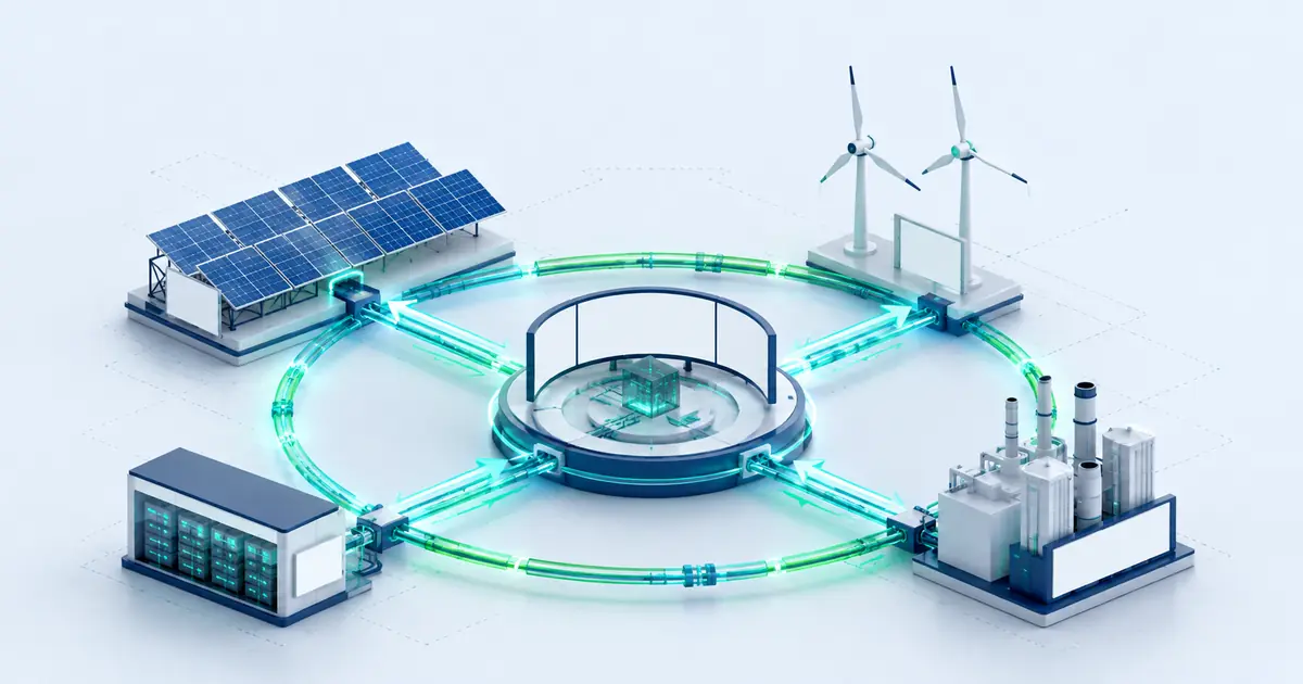 Isometric resilient energy grid connecting solar, wind, battery storage, software, and industrial demand.