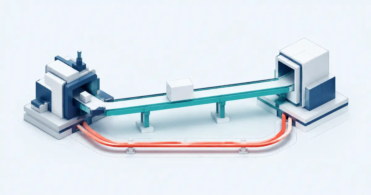 Isometric direct-commerce machine sending a blank product package to a customer endpoint with a returning feedback signal.