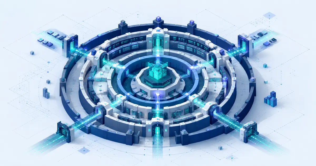 Isometric network fortress with concentric trust zones protecting a luminous central data core.