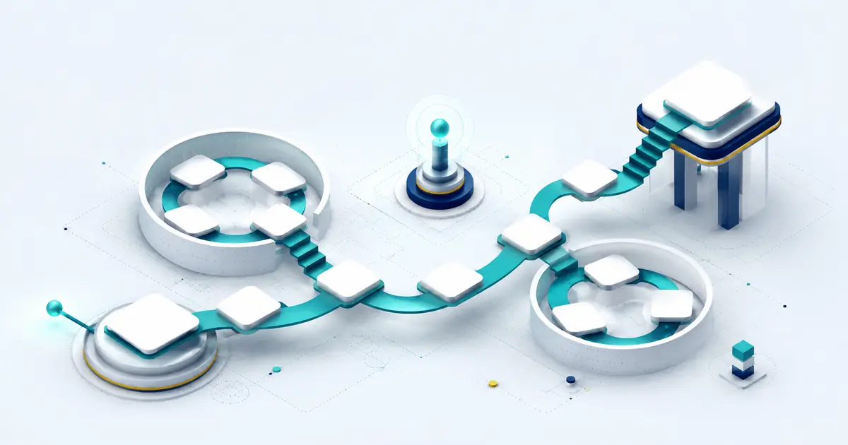Isometric personalized learning route connecting blank knowledge cards, practice loops, a mentor beacon, and an outcome platform.
