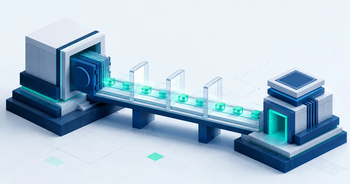 Isometric digital bridge carrying glowing transaction packets from a secure vault through compliance gates.