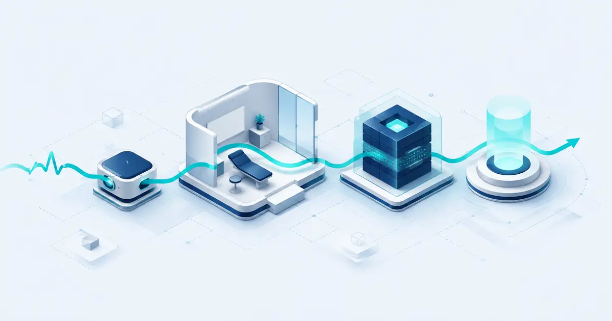 Isometric patient pulse pathway connecting a device, clinic, secure data hub, and outcome beacon.