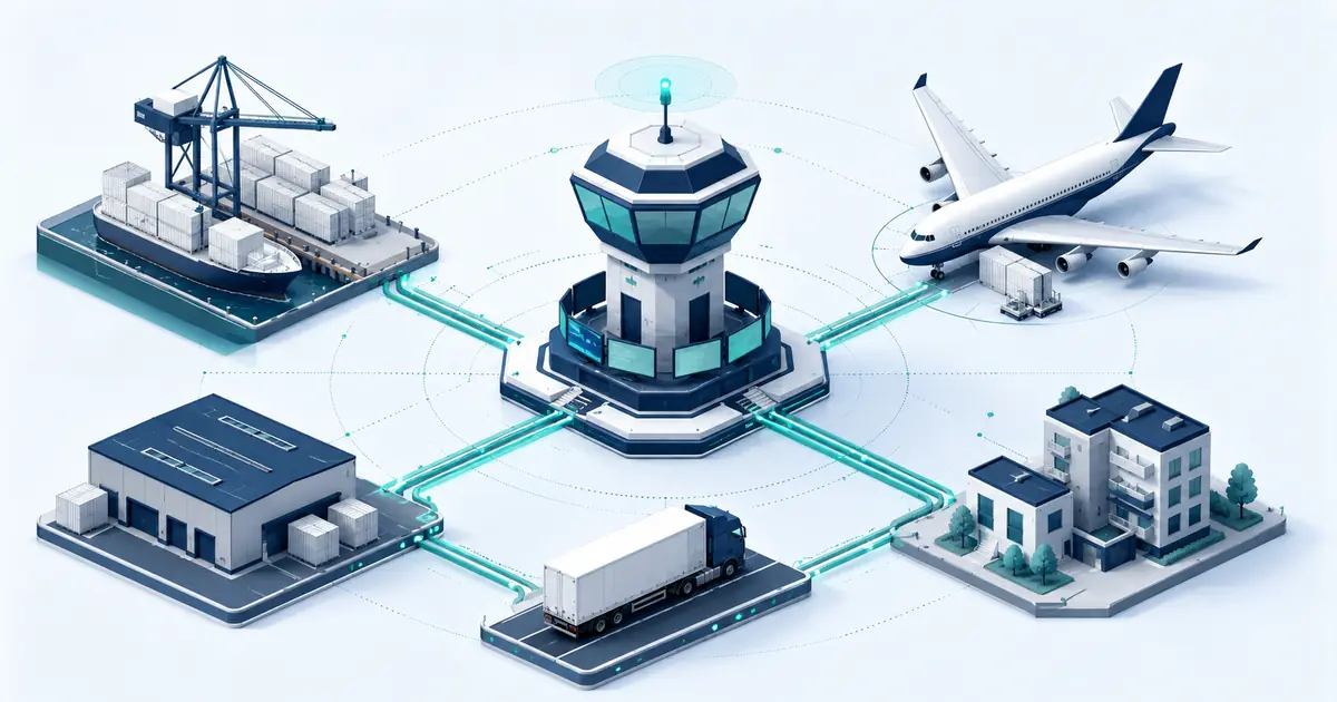 Isometric dispatch tower coordinating port, warehouse, truck, cargo aircraft, and last-mile routes.