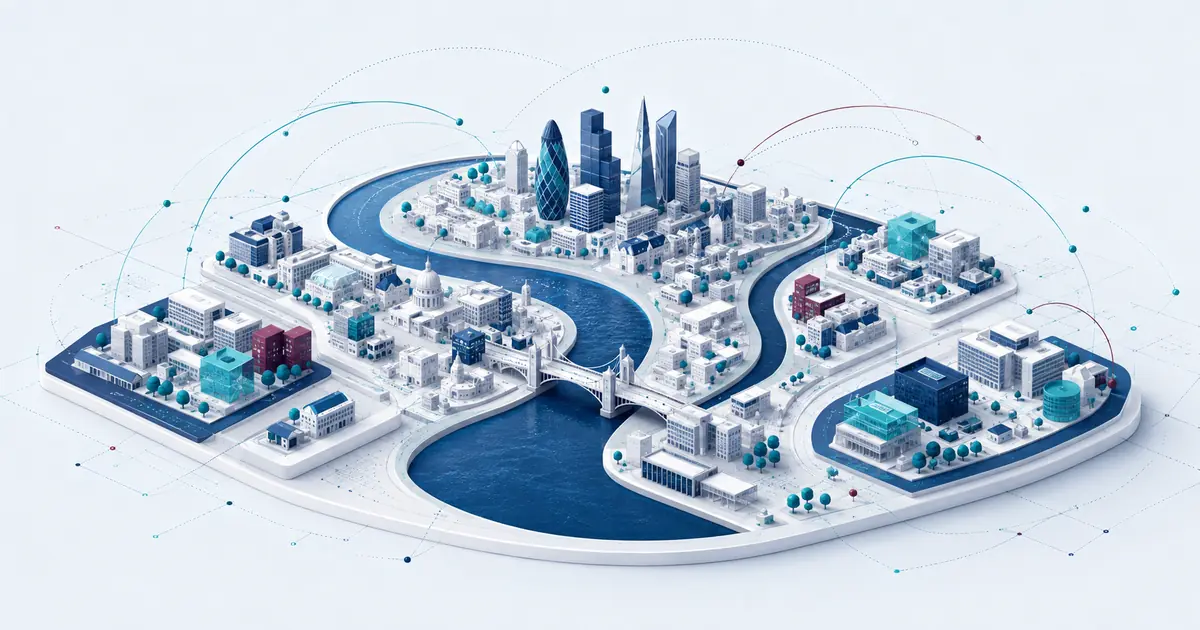 Isometric London startup map organized around the Thames, bridges, business districts, and global capital arcs.