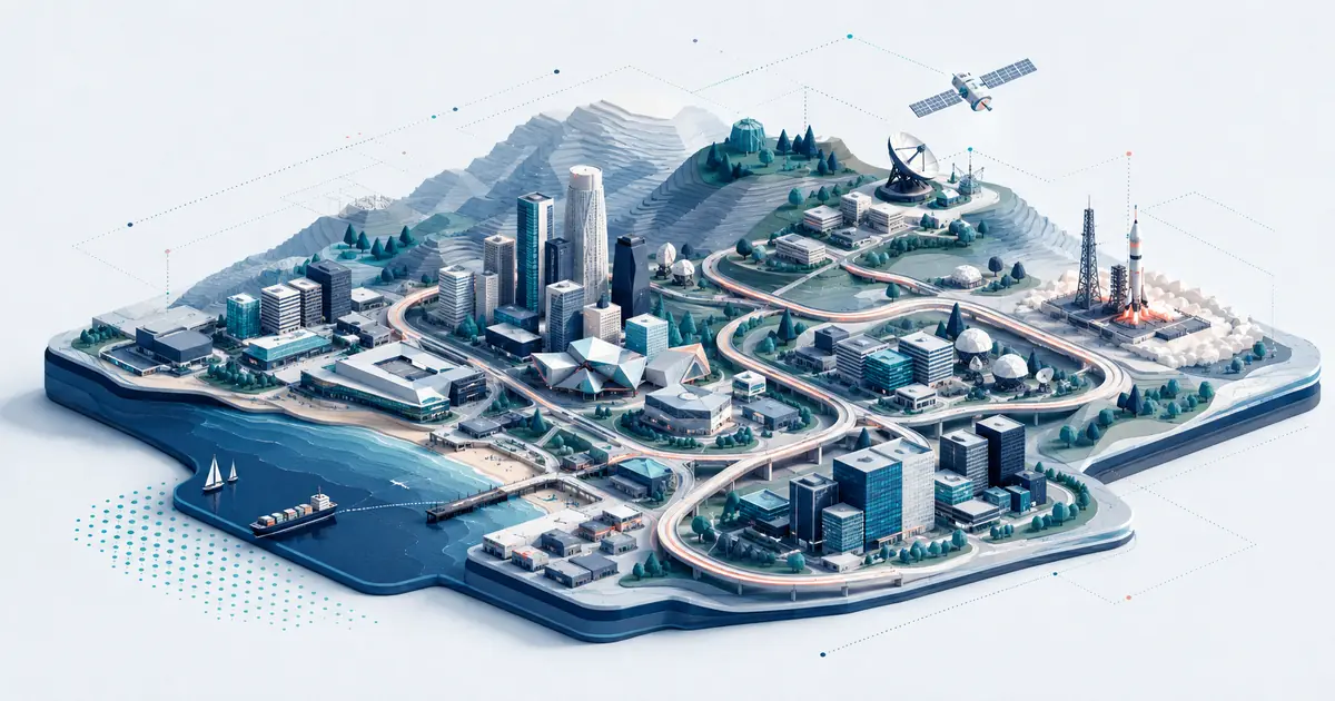 Isometric Los Angeles startup ecosystem connecting the coast, hills, creative technology, aerospace, and capital routes.