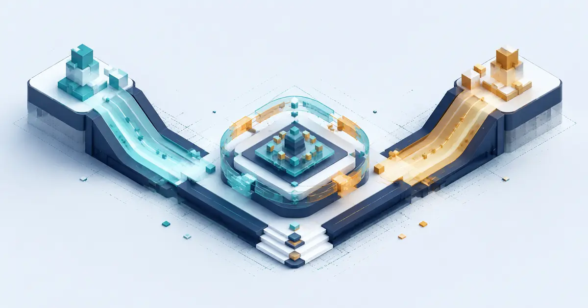 Isometric supply and demand ramps converging on a balanced exchange platform with trust and liquidity flows.