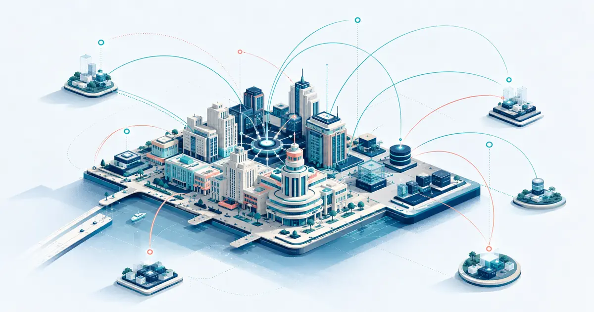 Isometric Miami startup gateway with art-deco forms, a waterfront, company nodes, and regional capital arcs.