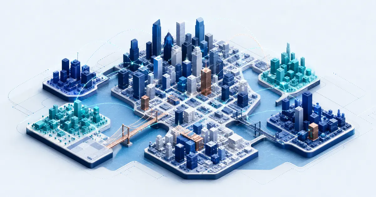 Isometric New York startup ecosystem with a dense street grid, bridges, borough clusters, and capital routes.