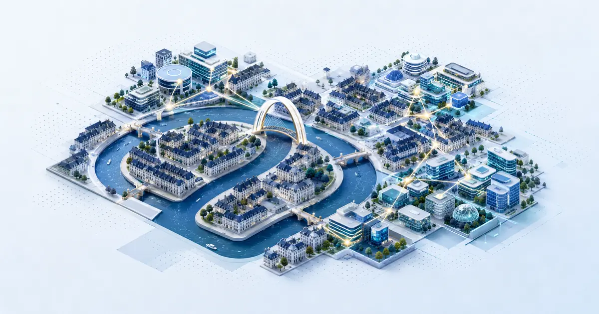 Isometric Paris startup map with a curving Seine, elegant rooftops, research campuses, and capital connections.