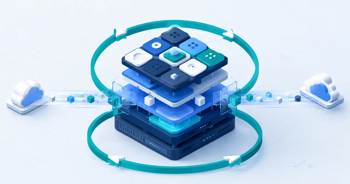 Isometric modular software stack encircled by a recurring subscription loop and cloud data rail.
