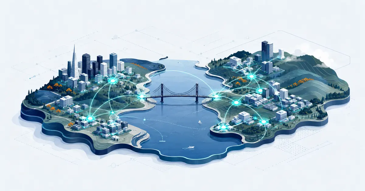 Isometric Bay Area startup map with hills, a bridge, company clusters, and connected capital pathways.