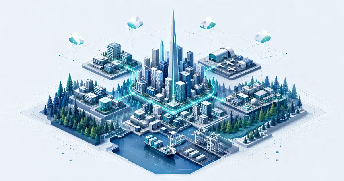 Isometric Seattle startup ecosystem with an abstract needle, evergreens, a port, cloud nodes, and capital routes.