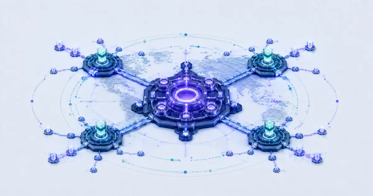 A mature violet late-stage venture platform connecting global hubs, governance rings, and expansion routes.
