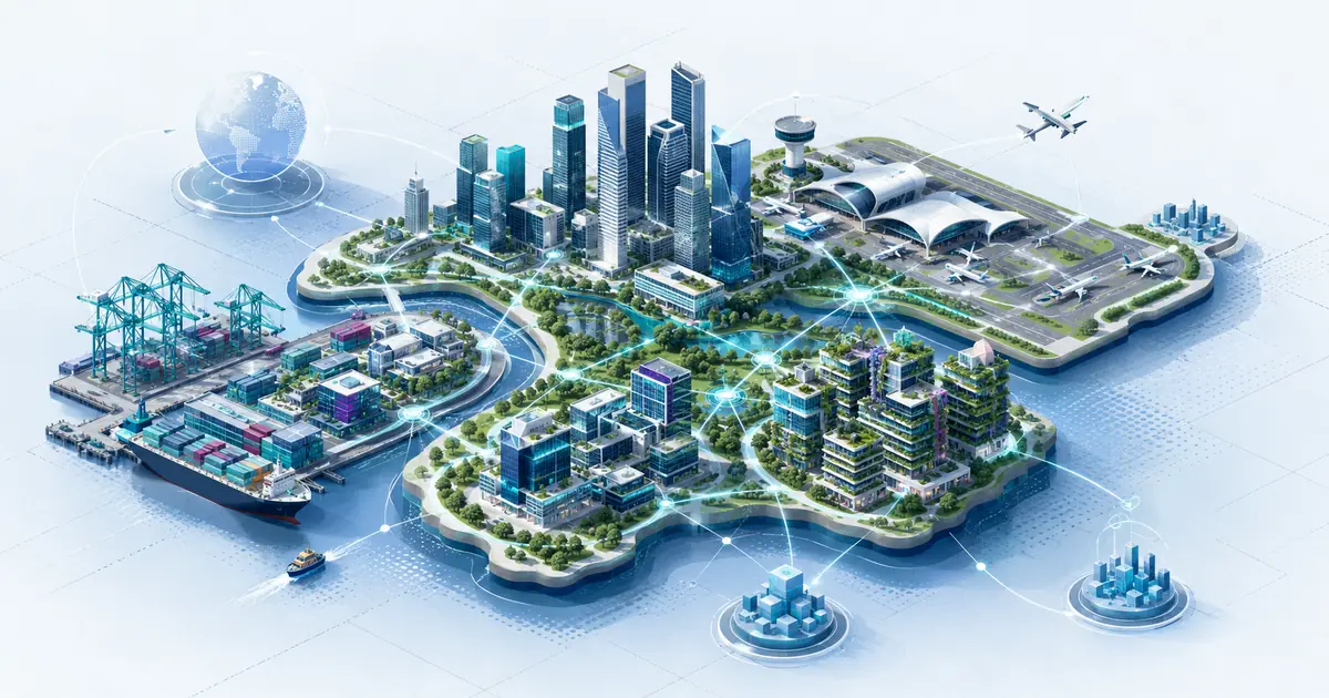 Isometric Singapore startup hub connecting a port, airport, finance towers, green buildings, and global routes.