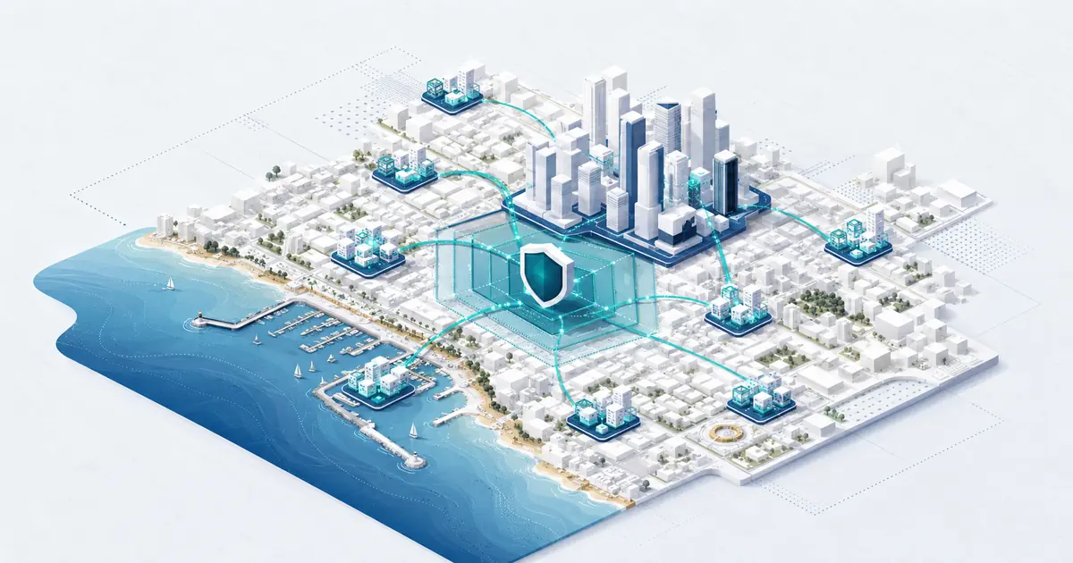 Isometric Tel Aviv startup map with a Mediterranean coast, white-city blocks, cybersecurity geometry, and software routes.