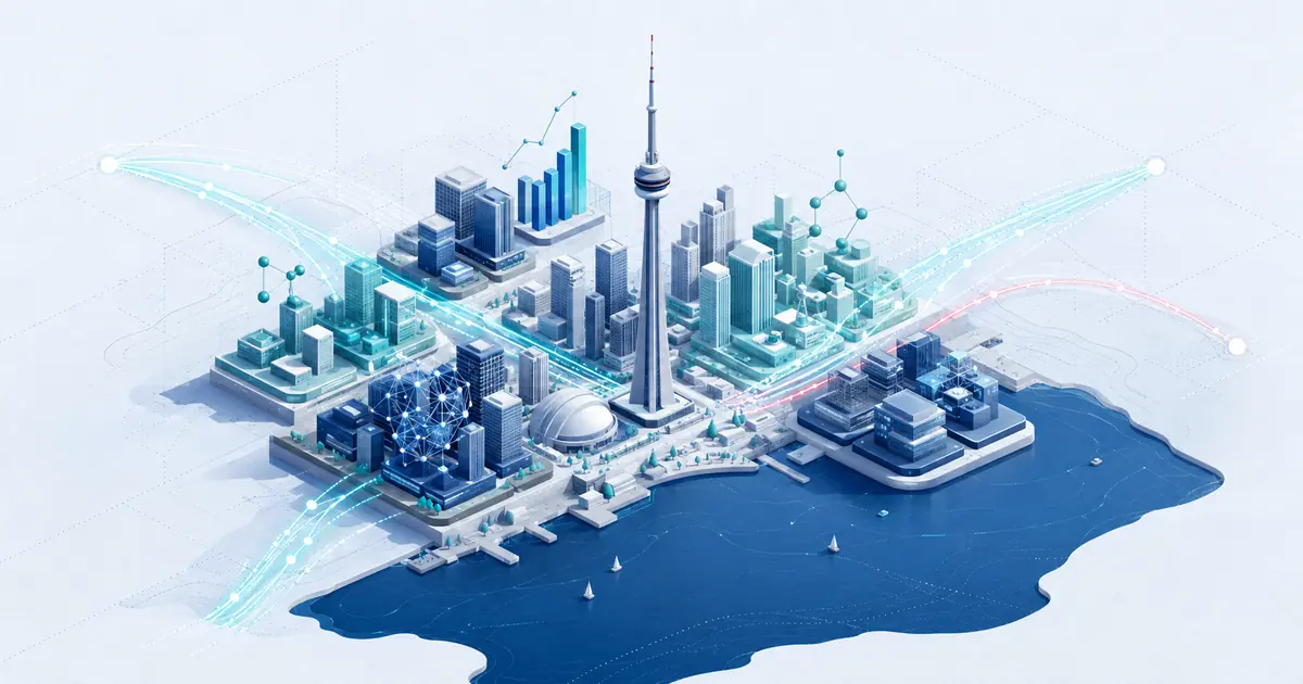 Isometric Toronto startup map on Lake Ontario with an abstract tower, diverse company clusters, and capital routes.