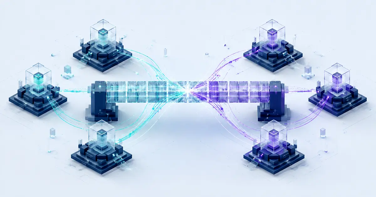 Isometric transparent ledger bridge linking validator platforms through a visible consensus pathway.