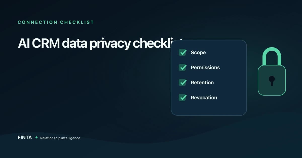 Privacy checklist beside a lock, covering scope, permissions, retention, and revocation before connecting email and calendar.