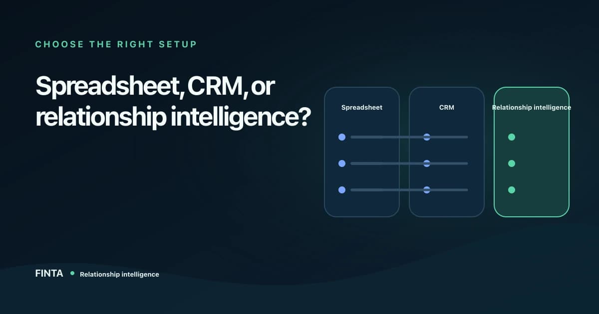 Three-column comparison of spreadsheets, CRMs, and relationship intelligence for a fundraising workflow.