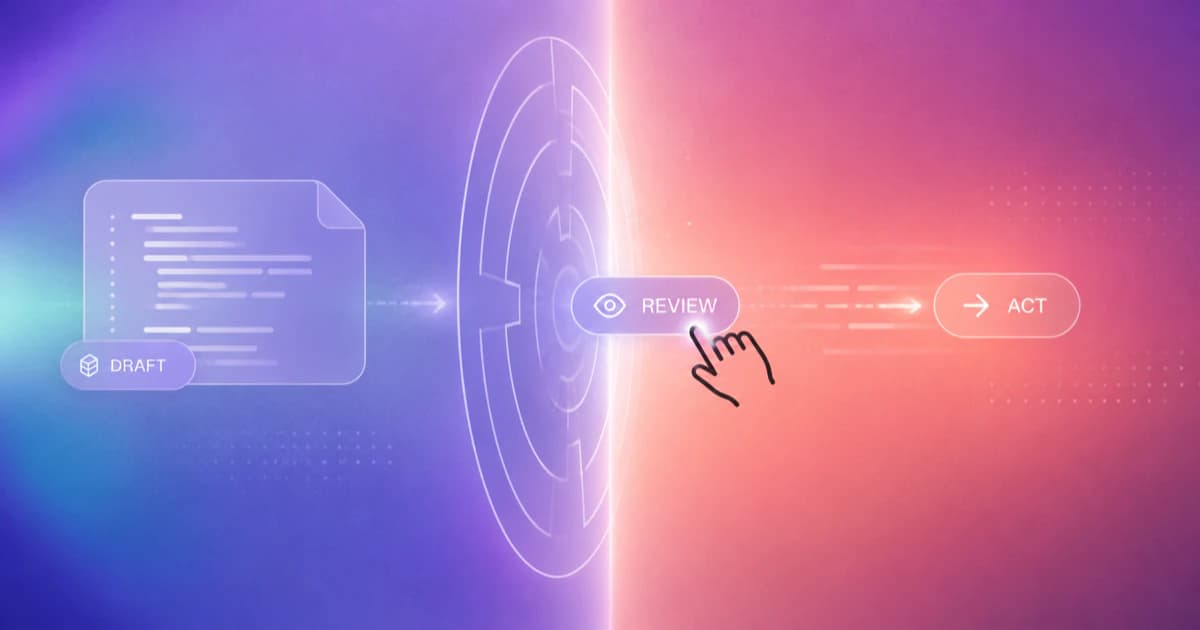 Approval gate showing AI preparing a relationship action, a human reviewing it, and the action proceeding only after approval.
