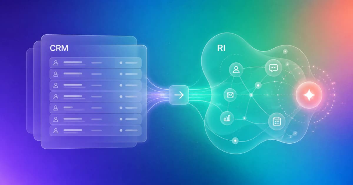 Split diagram comparing a structured CRM record with a relationship intelligence view of context and next actions.
