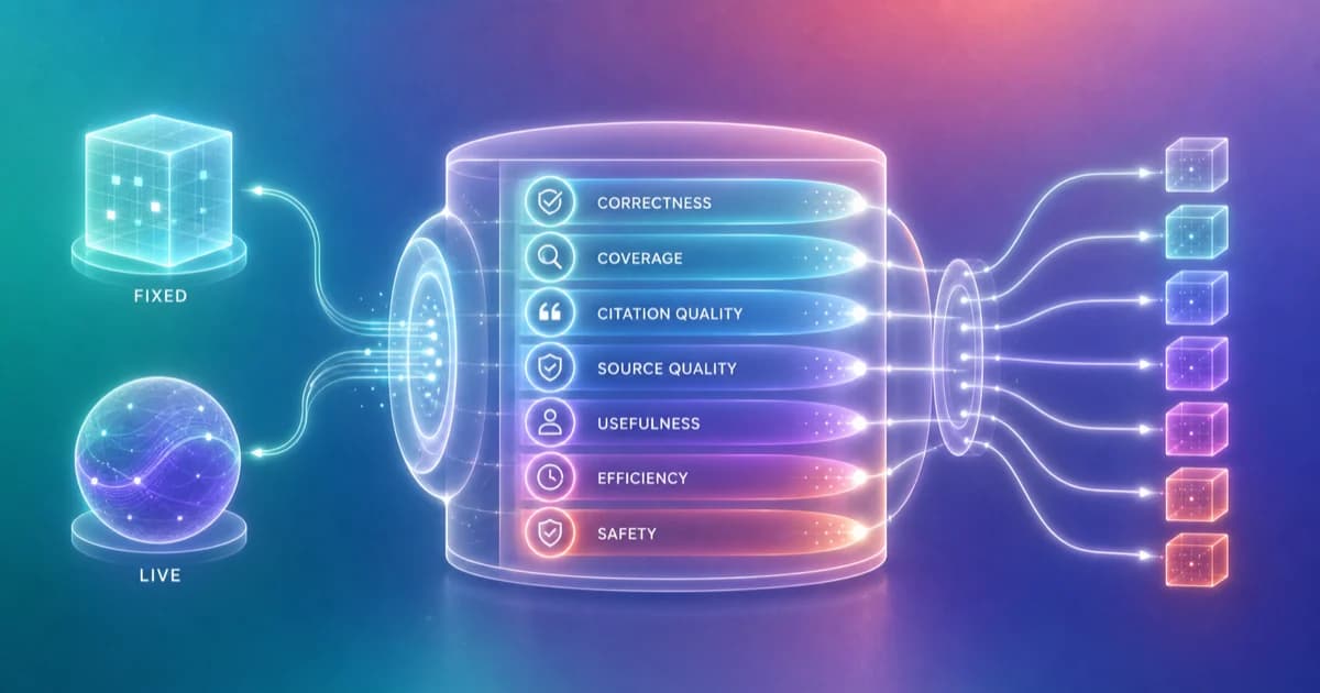 Fixed and live research tasks evaluated across seven independent quality dimensions.