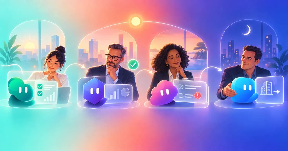 Four private-capital professionals review work returned by specialized AI teammates during a representative day.
