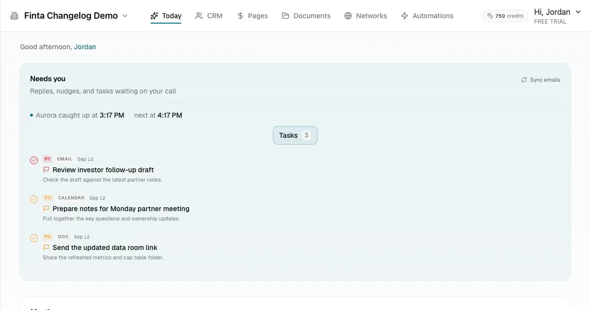Finta’s synthetic Today dashboard showing three prioritized tasks for an investor follow-up, partner meeting, and data room update.