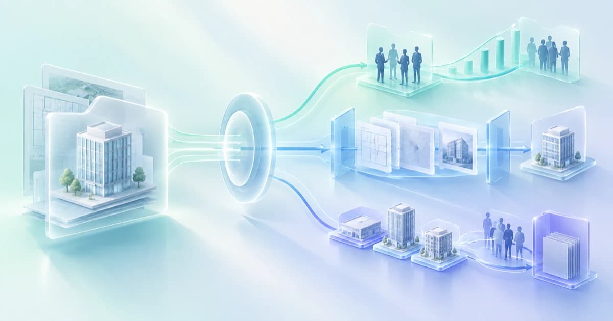 A commercial property dossier routed through distinct fundraising, acquisition diligence, and institutional transaction data-room paths.