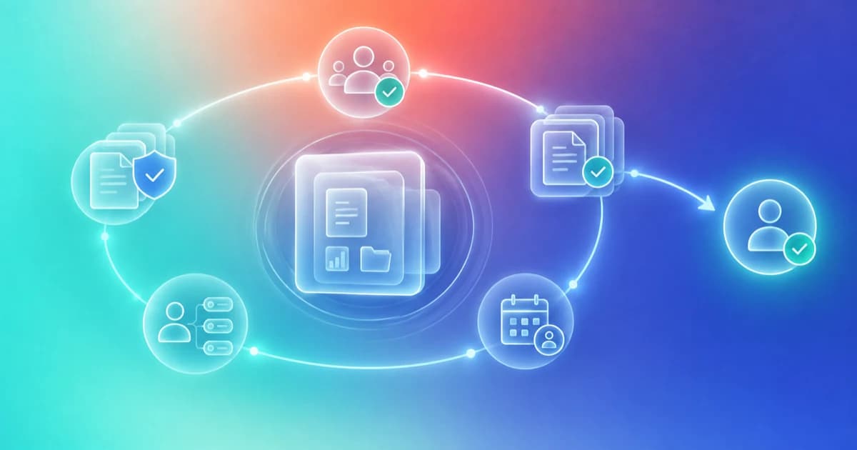 A fundraising process connecting people, approved materials, engagement context, and reviewed next actions around a data room.