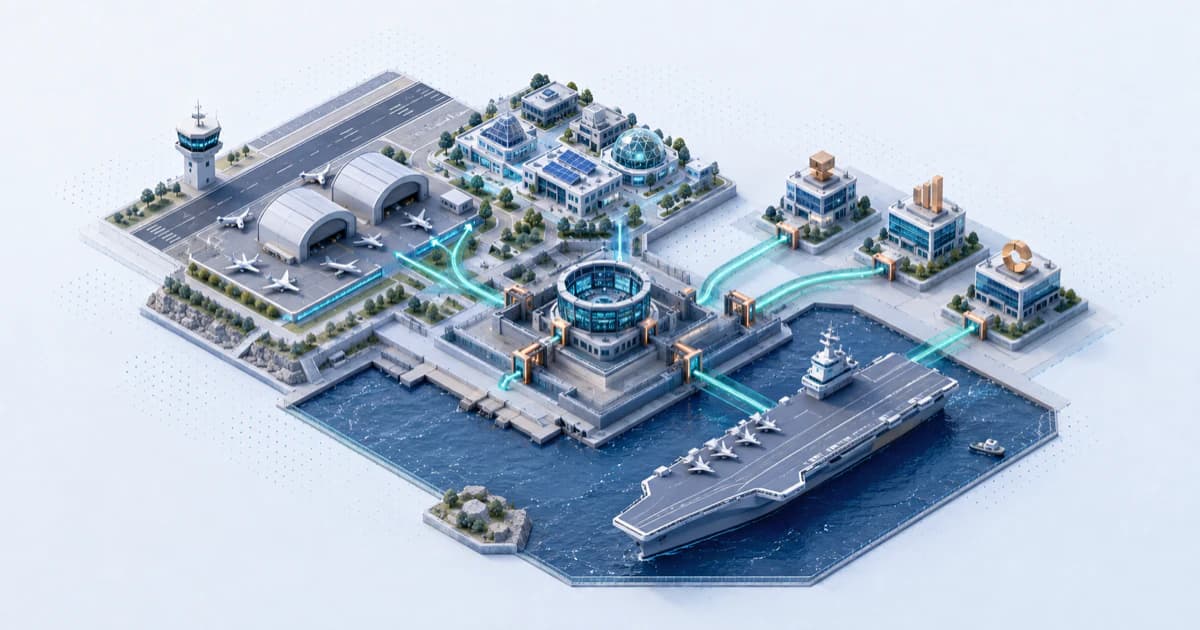 A pale isometric air base and offshore carrier connect veteran leadership and critical-technology evidence to reviewed capital pathways.