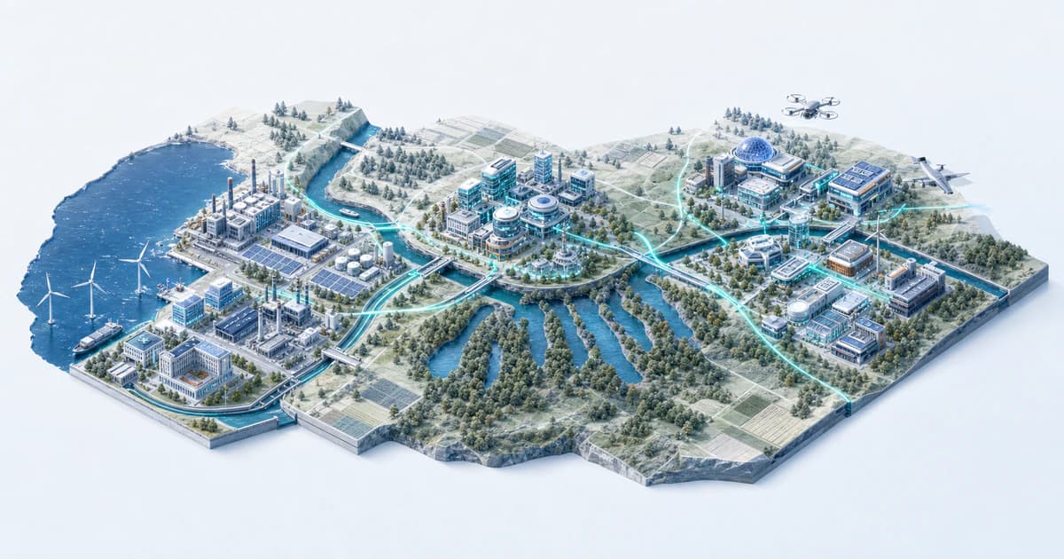 Isometric Upstate New York capital corridor linking Buffalo, Rochester, and Syracuse through manufacturing, optics, university, semiconductor, and aviation technology clusters