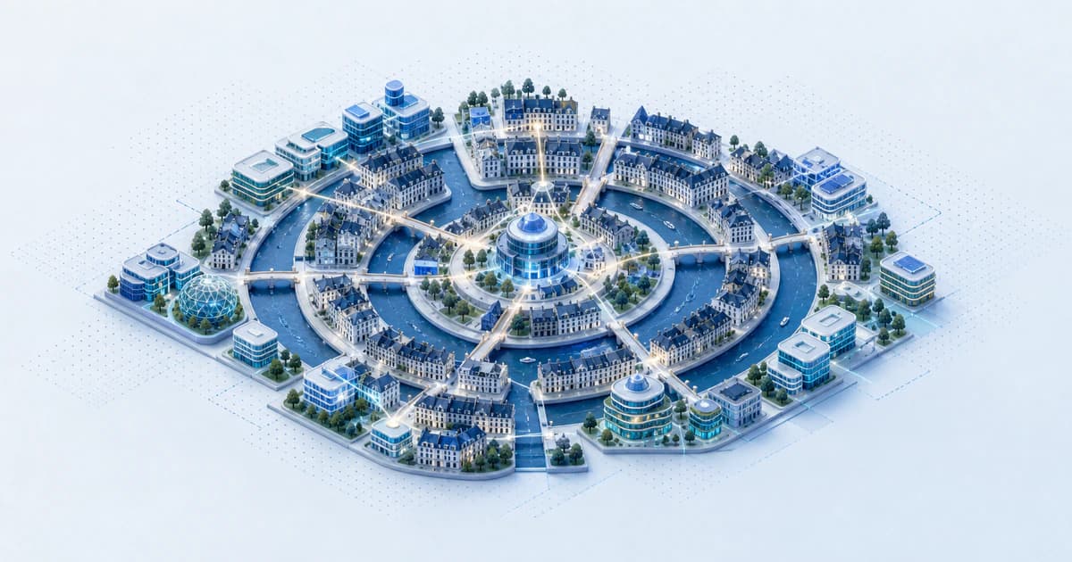 Isometric Amsterdam capital atlas using a canal-ring network to connect fintech, climate, B2B software, and creative technology clusters
