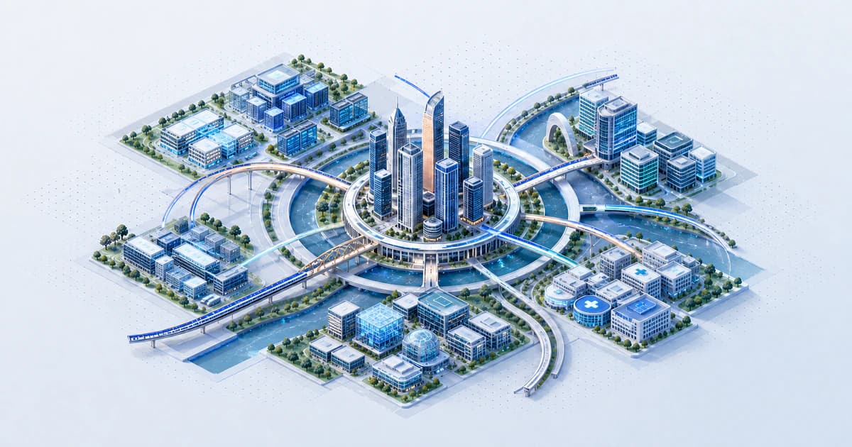 Isometric Atlanta capital map where transport rings connect fintech, enterprise, healthcare, and university funding nodes.