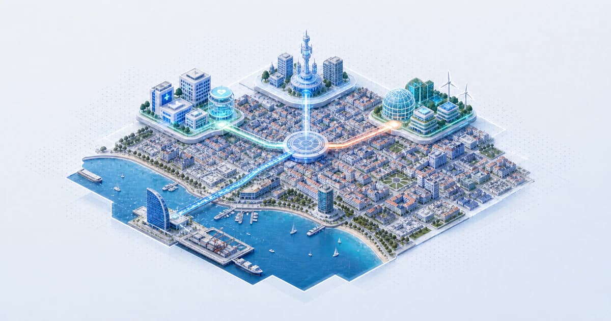 Isometric Barcelona capital atlas connecting Mediterranean port, mobile, health, climate, and creative technology clusters