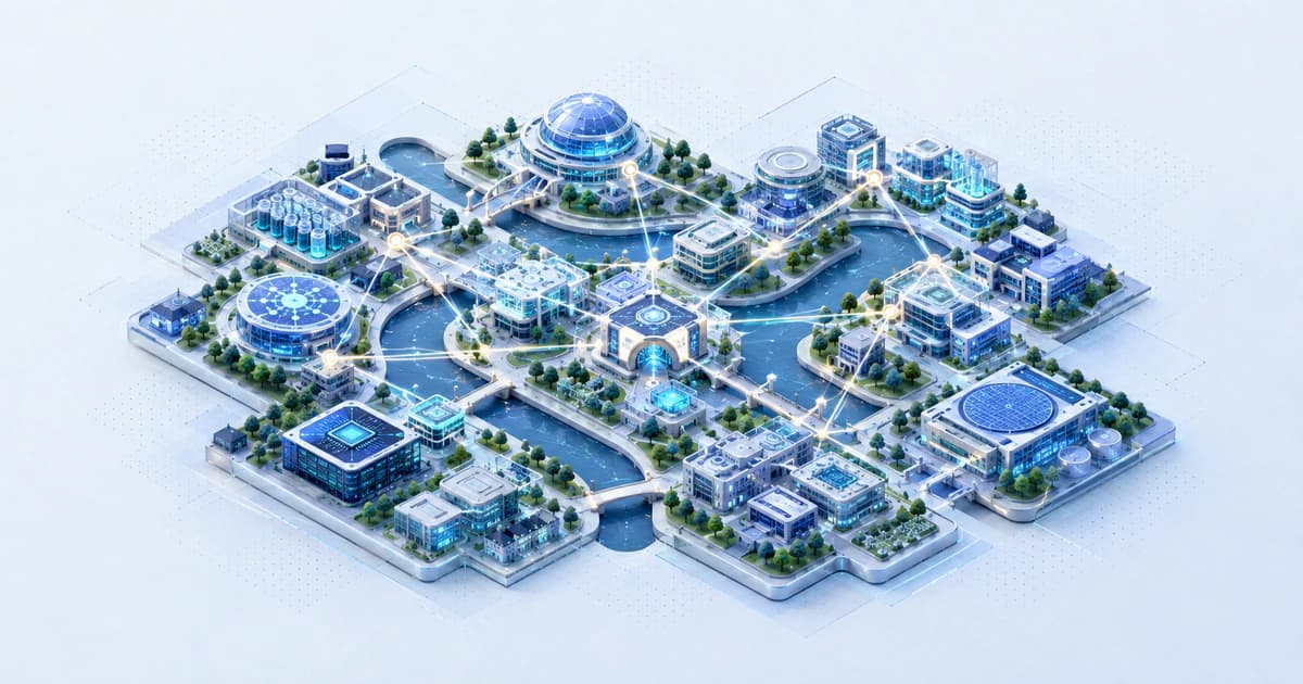 Isometric Cambridge capital mesh linking university laboratories with AI, semiconductor, and life-science commercialization routes.