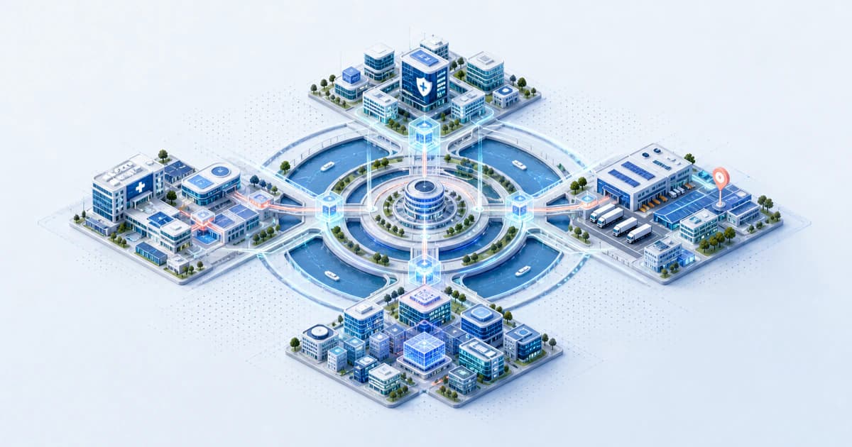 Isometric Columbus capital hub connecting a university core with insurance, health, logistics, and enterprise-technology spokes.