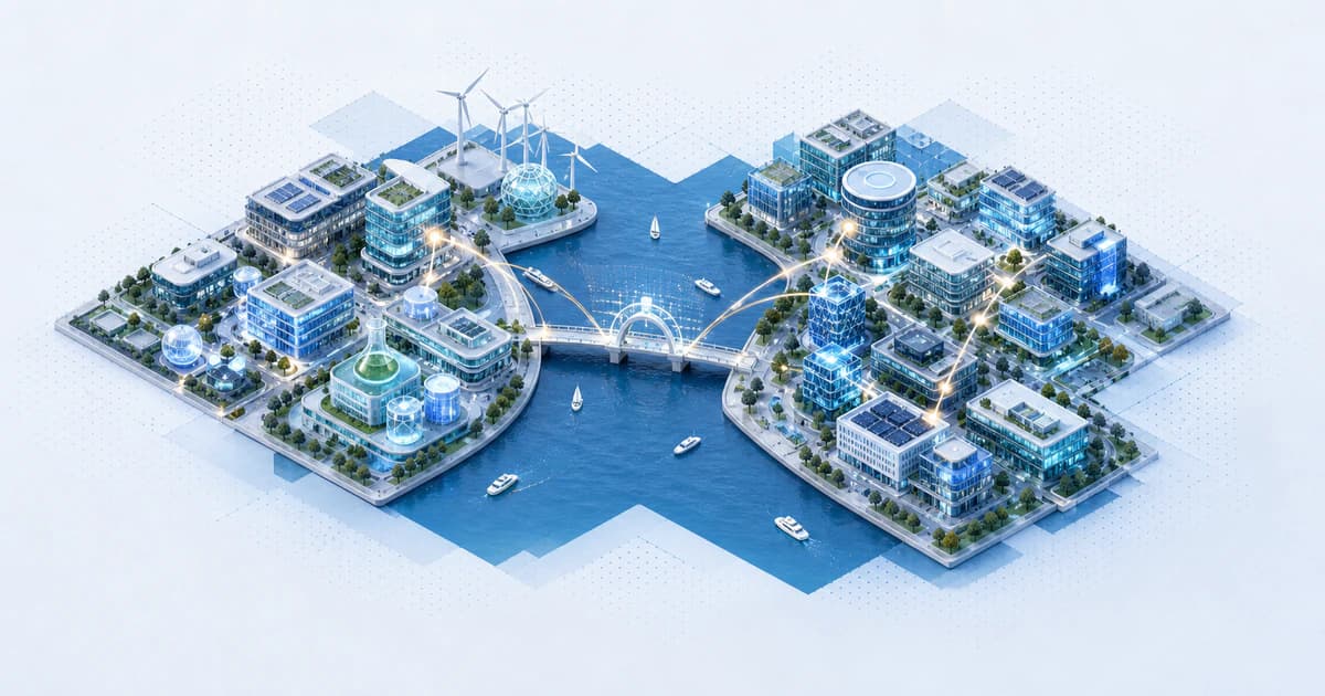 Isometric Copenhagen capital harbor linking life-science, climate, fintech, gaming, and consumer-technology islands.